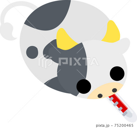 体温計を咥えて検温するぬいぐるみのようなころころ牛のイラストのイラスト素材