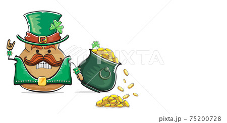 Happy Saint Patricks day horizontal banner with funky leprechaun potato character with green particks hat and Pot Full of Golden Coins isolated on white background. patricks day funky character 75200728