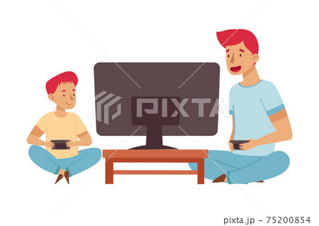 Young Male Dad Sitting with His Son and Playing Video Game with Gamepad Vector Illustration 75200854