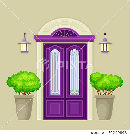 Facade of Purple Front Double Door with Decorative Bushes in Cachepot and Light Vector Illustration 75200898