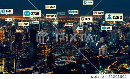 Social media icons fly over city downtown showing people engagement connection Social media icons fly over city downtown showing people engagement connection 75201802