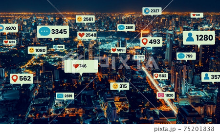 Social media icons fly over city downtown showing people engagement connection Social media icons fly over city downtown showing people engagement connection 75201838