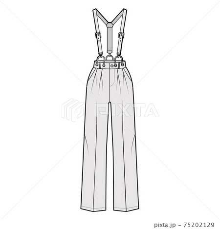 Suspender Pants Dungarees technical fashion illustration with full length, normal waist, high rise, pocket. Flat apparel Suspender Pants Dungarees technical fashion illustration with full length, normal waist, high rise, pocket. Flat apparel 75202129
