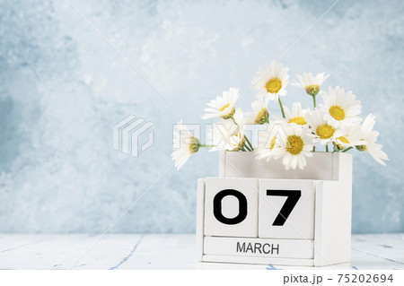White cube calendar for march decorated with daisy flowers over blue with copy space White cube calendar for march decorated with daisy flowers over blue with copy space 75202694