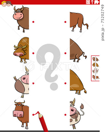 match halves of pictures with cartoon bulls educational game 75202749