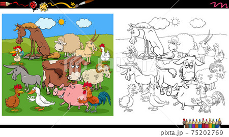 comic farm animal characters group coloring book page 75202769