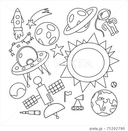 Hand draw space illustration with a rocket, astronaut, planets and aliens. Cute, children s vector drawing about spaceships, flying saucers and shuttles. Space with Saturn, Jupiter and stars Hand draw space illustration with a rocket, astronaut, planets and aliens. Cute, children s vector drawing about spaceships, flying saucers and shuttles. Space with Saturn, Jupiter and stars 75202790