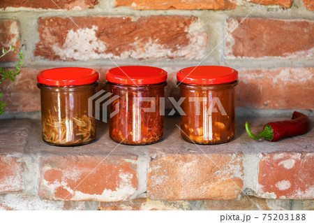 Borscht in a jar. Fresh borscht soup in a glass jar. Fast food 75203188