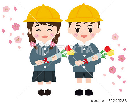 桜が舞い散る中、卒園式を迎える男女の幼児 桜が舞い散る中、卒園式を迎える男女の幼児 75206288