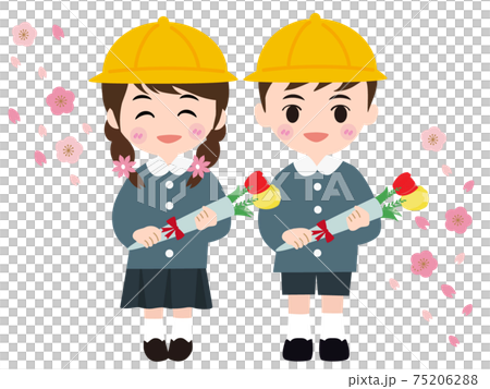 桜が舞い散る中、卒園式を迎える男女の幼児 桜が舞い散る中、卒園式を迎える男女の幼児 75206288