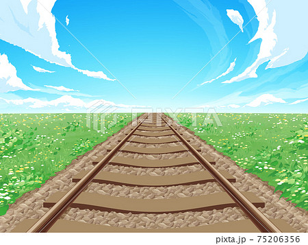 まっすぐな線路と草原の風景 春 背景イラストのイラスト素材
