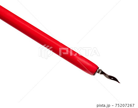 red ink drop above sharp nib of dip pen 75207267