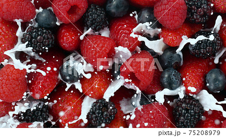 Top view of berries fruit with milk splashes Top view of berries fruit with milk splashes 75208979