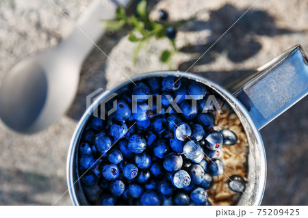 Ripe blueberries in a metal mug with oatmeal porridge on a stone with a spoon. 75209425