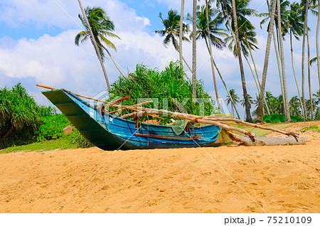 tropical beach with palms and fishing boats in Sri-Lanka 75210109