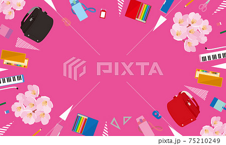 入学準備品と桜のポップな背景イラスト ピンクのイラスト素材