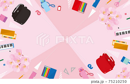 入学準備品と桜のポップな背景イラスト ピンク2色のイラスト素材