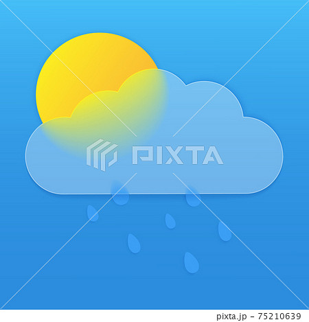 Vector drawing. Weather icon with cloud in style glass morphism sun and raindrops on blue background. Vector drawing. Weather icon with cloud in style glass morphism sun and raindrops on blue background. 75210639