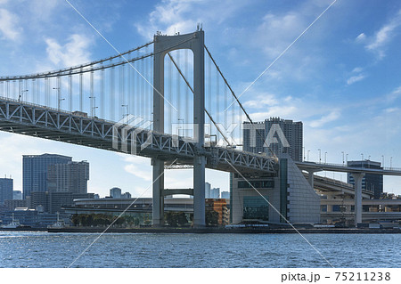 [東京・港区] 東京港を掛けるレインボーブリッジのクローズアップと品川のビル群。 75211238