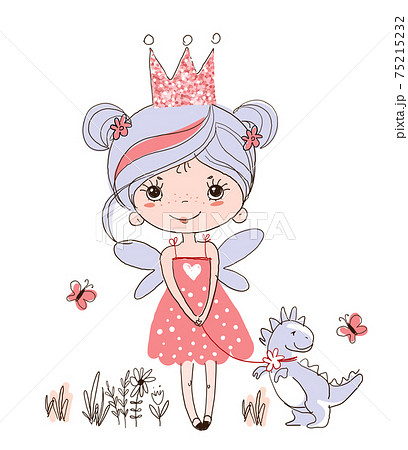 Cute little fairy with wings in a pink dress. The princess in the crown walks with a dragon or dinosaur. Fairytale girl, color sketch, vector illustration isolated on white background Cute little fairy with wings in a pink dress. The princess in the crown walks with a dragon or dinosaur. Fairytale girl, color sketch, vector illustration isolated on white background 75215232