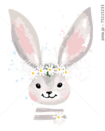 Greeting card with a portrait of a cute rabbit. Bunny with a wreath of flowers on his head. Animal vector illustration isolated on white background Greeting card with a portrait of a cute rabbit. Bunny with a wreath of flowers on his head. Animal vector illustration isolated on white background 75215233