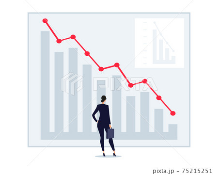 A tiny man is standing in front of a schedule. A woman with a briefcase looks at the falling arrow. Business concept of crisis, ruin, loss, management. Flat stock vector illustration A tiny man is standing in front of a schedule. A woman with a briefcase looks at the falling arrow. Business concept of crisis, ruin, loss, management. Flat stock vector illustration 75215251