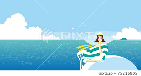 ほお杖してくつろぐ女性と海のイラストのイラスト素材