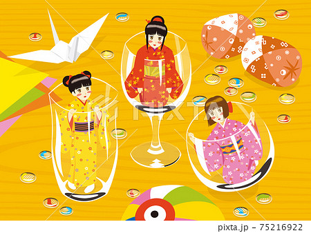 着物を着た小人の女の子が卓上で遊ぶ和風イラストのイラスト素材