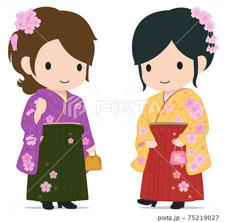 可愛い袴女子たち 散歩のイラスト素材