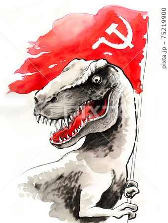 T-rex with Soviet flag. Ink and watercolor drawing T-rex with Soviet flag. Ink and watercolor drawing 75219900