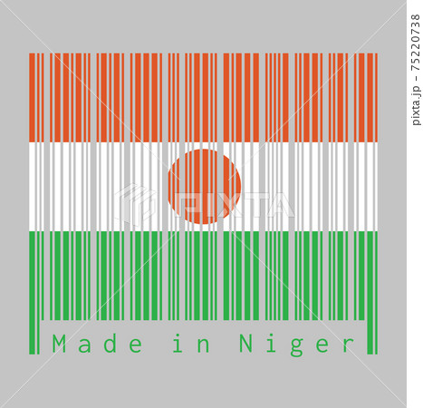 Barcode set the color of Niger flag, text: Made in Niger. concept of sale or business. 75220738