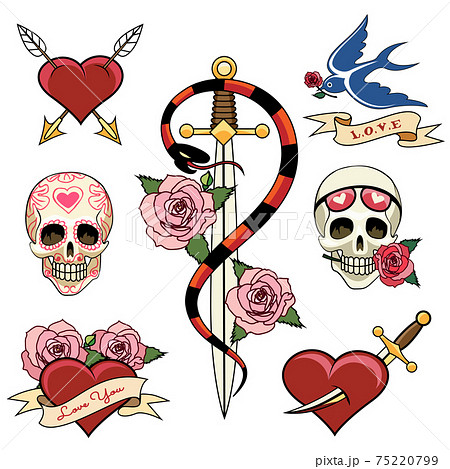 Various Heart Skull And Dagger Tattoo Graphicsのイラスト素材