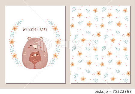 出産祝いのカードとシームレスパターンのセットのイラスト素材