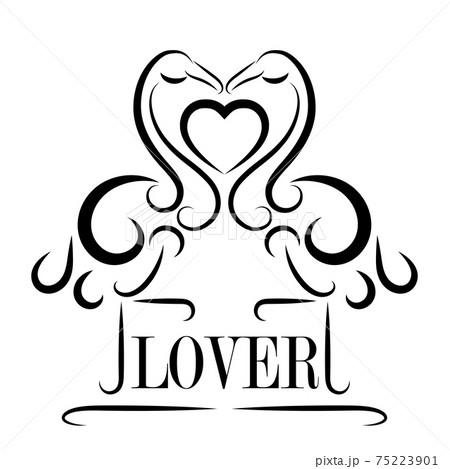 Black line art of lovers flamingos with heart on a white background. Flamingo line art is good for interior design in the form of wall stickers, for greeting cards, wedding invitations, etc. 75223901