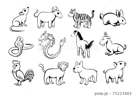Set of twelve lunar zodiac horoscope symbol. Concept chinese happy new year. line art  vector illustration cartoon of twelve animal. 75223903