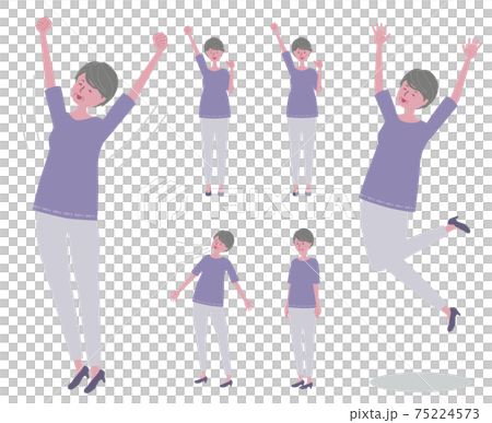 Illustration set of senior women (stretching, jumping, taking a deep breath, raising one hand) 75224573