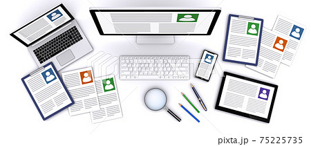 個人の経歴書と虫眼鏡、ペン、キーボード、パソコン、タブレット 75225735