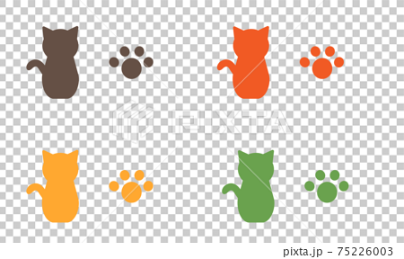ネコと肉球のシルエットのイラスト素材 4色 セットのイラスト素材