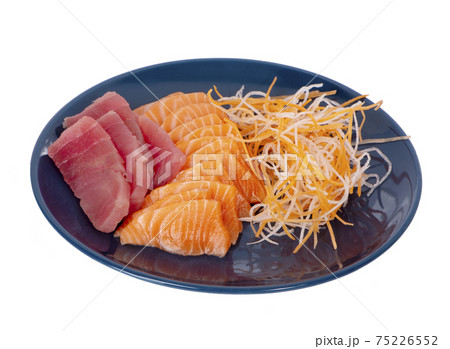 Various Japanese raw fish sashimi , salmon tuna isolated Various Japanese raw fish sashimi , salmon tuna isolated 75226552