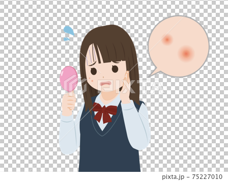 ニキビに悩む　学生　女子生徒　女の子　美少女　吹き出物　上半身　イラスト素材 75227010