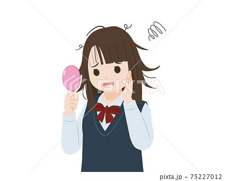 寝ぐせに悩む 学生 女子生徒 女の子 美少女 寝癖 上半身 イラスト素材のイラスト素材