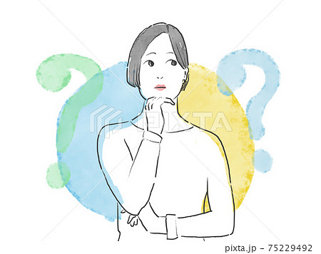 水彩人物画 あごに手を置き考える女性と疑問符の白背景イラストのイラスト素材
