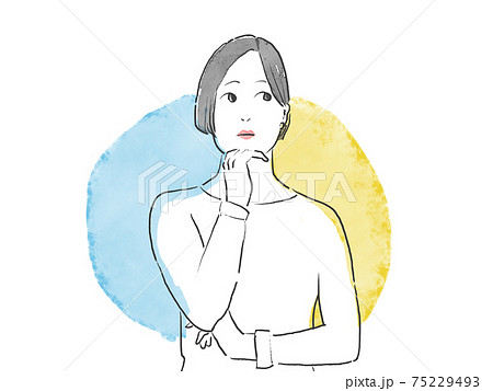 水彩人物画 あごに手を置き考える女性の白背景イラストのイラスト素材