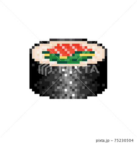 Pixel art maki roll icon. Pixelated sushi roll with seafood and seaweed. Salmon sushi roll in retro style. Mosaic maki roll with fish and cucumber. Vector. Pixel art maki roll icon. Pixelated sushi roll with seafood and seaweed. Salmon sushi roll in retro style. Mosaic maki roll with fish and cucumber. Vector. 75230504