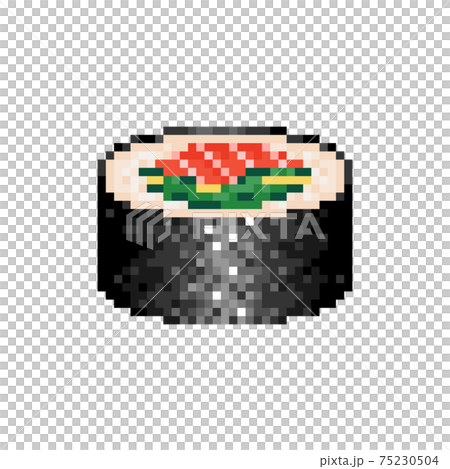 Pixel art maki roll icon. Pixelated sushi roll with seafood and seaweed.  Salmon sushi roll in retro style. Mosaic maki roll with fish and cucumber. Vector. 75230504