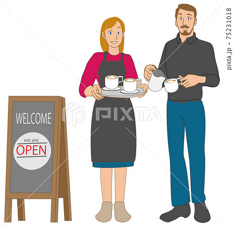 ラテアートをだすカフェ店員と店長 75231018