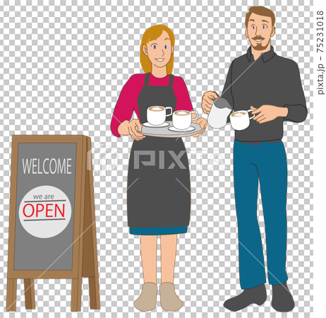 ラテアートをだすカフェ店員と店長 75231018