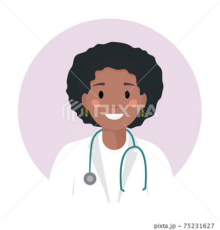 Black young woman doctor or nurse in medical white coat with glasses and stethoscope. African american nurse or physician female professional avatar, silhouette, profile, woman icon for web site, app. Black young woman doctor or nurse in medical white coat with glasses and stethoscope. African american nurse or physician female professional avatar, silhouette, profile, woman icon for web site, app. 75231627