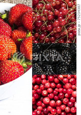 Vertical collage of strawberries, blackberries, cranberries and currants. . Fresh ripe berries. Healthy Eating Concept 75234307