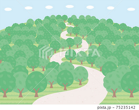 緑の木がたくさん生えているシンプルな山の背景イラストのイラスト素材